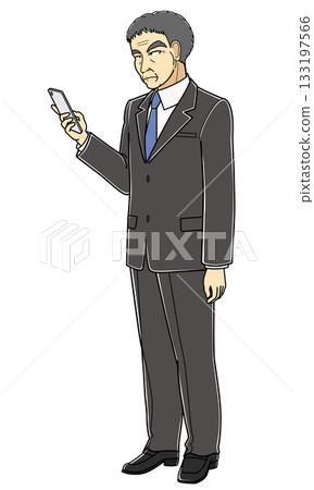 A middle-aged man in a suit looking at a smartphone, facing diagonally left 133197566