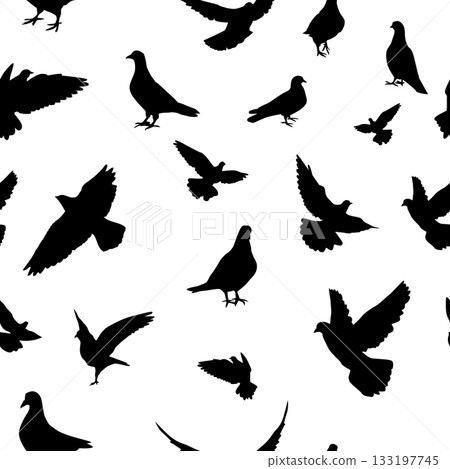 Flying pigeons birds silhouettes Seamless background. Vector illustration 133197745