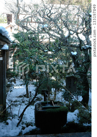 京都冬日之旅－雪停後的清晨，從一棟老房子的陽台上眺望白雪皚皚的日式庭園。 133197849