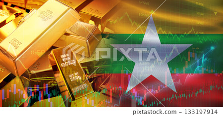 Gold bars stacked on Burmese flag. Myanmar gold reserves, Concept 133197914