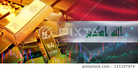 Gold bars stacked on Iraqi flag. Iraq gold reserves, Concept Gold bars stacked on Iraqi flag. Iraq gold reserves, Concept 133197974