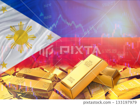 Gold bars on Philippines flag in background. Gold bars stacked on Filipino flag. Concept of Philippines gold reserves Gold bars on Philippines flag in background. Gold bars stacked on Filipino flag. Concept of Philippines gold reserves 133197979
