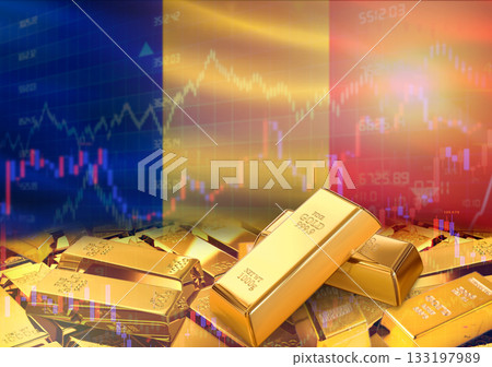 Gold bars on Romania flag in background. Gold bars stacked on Romanian flag. Concept of Romania gold reserves 133197989