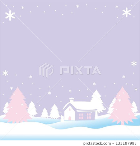 Simple illustration of a winter landscape, a house and trees standing in falling snow 133197995