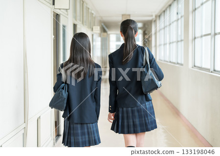 Back view of friends walking down a school corridor (elementary school students, junior high school students, high school students, and female high school students in uniform) Back view of friends walking down a school corridor (elementary school students, junior high school students, high school students, and female high school students in uniform) 133198046