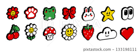 Pixel 3d isometric icon and sticker set. 8 bit retro game style. Y2k trendy vector illustration of heart flower cloud character star etc in red yellow green colors. Social media and chat elements. 133198111