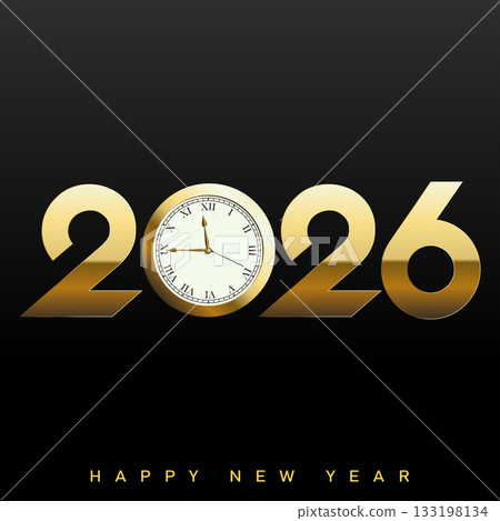 old golden Happy New Year 2026 clock logo. Vector old golden Happy New Year 2026 clock logo. Vector 133198134
