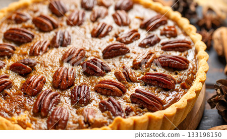 Caramel pecan pie, Autumn dessert with fall spices and a rustic wood setting Caramel pecan pie, Autumn dessert with fall spices and a rustic wood setting 133198150