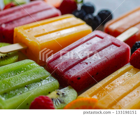 Frozen popsicles mixed seasonal fruits, Vibrant summer dessert with natural texture 133198151