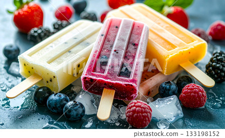 Popsicles made of mixed fruits, Frozen summer dessert with natural color contrast 133198152