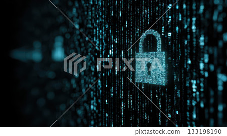 Digital lock and shield icon on cyber security background with glowing binary code Digital lock and shield icon on cyber security background with glowing binary code 133198190