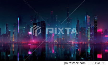 Futuristic cityscape neon lights colorful reflections night skyline urban modern architecture Futuristic cityscape neon lights colorful reflections night skyline urban modern architecture 133198193