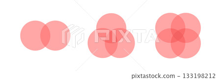 Two, three and four intersecting circles set. Circle Venn diagram with 2, 3, 4 parts. Infographic chart red icon. Overlap balance elements diagram. Vector illustration isolated on white background Two, three and four intersecting circles set. Circle Venn diagram with 2, 3, 4 parts. Infographic chart red icon. Overlap balance elements diagram. Vector illustration isolated on white background 133198212
