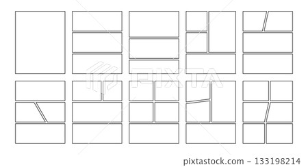 Comic book panels set. Manga collage blank template. Storyboard layout panel. Empty page line frame for photo collage. Comic book board mockup. Vector illustration isolated on white background 133198214