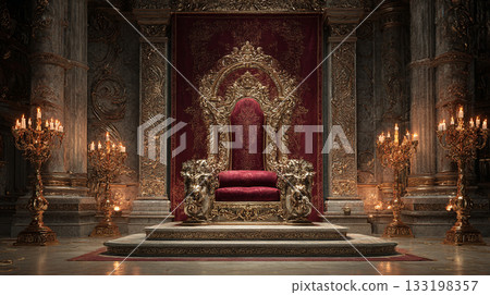 A magnificent royal throne decorated with gold and crimson fabric 133198357