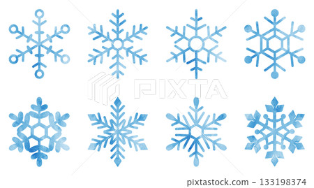 手繪雪花圖示插畫集 水彩藍色 133198374