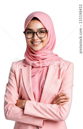 Woman Hijab Pink. A young woman wearing a pink hijab and glasses, with a matching pink blazer, smiles kindly Woman Hijab Pink. A young woman wearing a pink hijab and glasses, with a matching pink blazer, smiles kindly 133198452