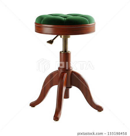 Vintage adjustable piano stool with a wooden frame and a tufted green velvet seat for musician Vintage adjustable piano stool with a wooden frame and a tufted green velvet seat for musician 133198458