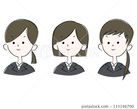 一位身穿西裝的女性的插圖。 3位女性，求職中，應屆畢業生，招募套裝 133198700
