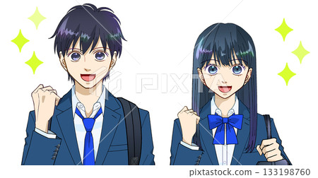 Anime-style illustration of smiling high school or junior high school students with backpacks and school bags, white background Anime-style illustration of smiling high school or junior high school students with backpacks and school bags, white background 133198760