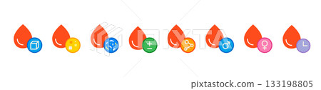 Blood Test Parameters Icons Set. Minimal Vector Collection of Blood Drops with Medical Blood Markers Representing Hemoglobin, Gender, and Time Indicators. Blood Test Parameters Icons Set. Minimal Vector Collection of Blood Drops with Medical Blood Markers Representing Hemoglobin, Gender, and Time Indicators. 133198805