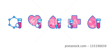Medical Blood Test Icons Set. Minimal Linear Vector Collection of Laboratory Tubes with Heart, Health Cross, and Blood Drop for Blood Test Diagnostic and Healthcare Use. 133198839