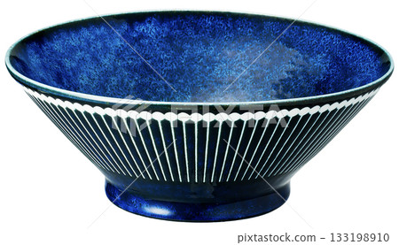 Indigo-colored Japanese tableware and noodle bowl / white background / striped ceramic dish 133198910