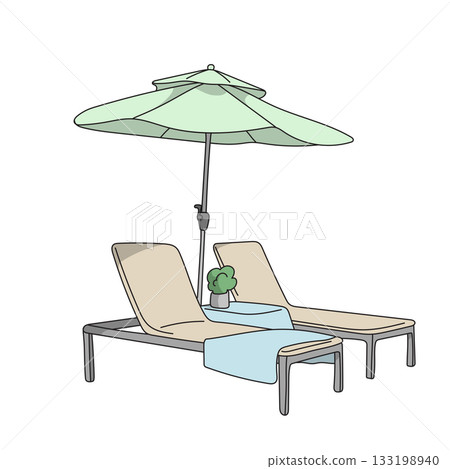 Beach umbrella with pair of sun loungers illustration vector hand drawn with black lines Beach umbrella with pair of sun loungers illustration vector hand drawn with black lines 133198940