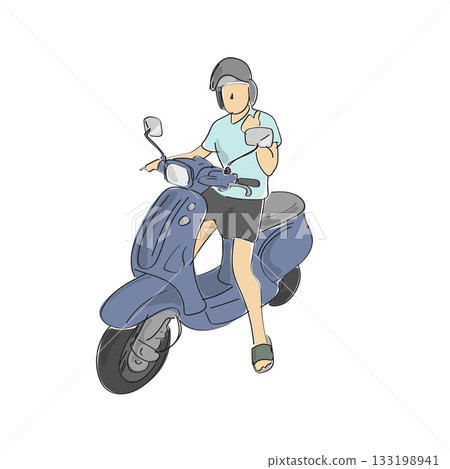 man with helmet showing thumb up on his motorcycle illustration vector hand drawn with black lines 133198941