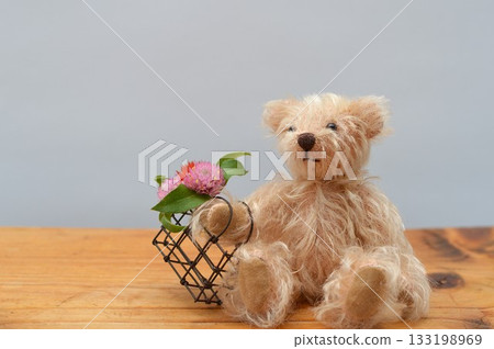 一隻泰迪熊抱著一小束雞冠花和一籃花。 133198969