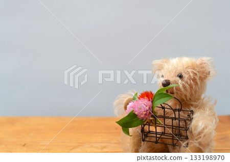 A teddy bear holding a basket with a small bouquet of crape myrtle flowers A teddy bear holding a basket with a small bouquet of crape myrtle flowers 133198970