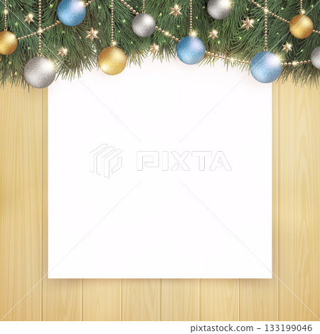 木紋背景上閃亮的聖誕樹和純白板 133199046