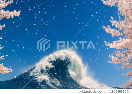 Cherry blossom flurry and high waves Cherry blossom flurry and high waves 133199155