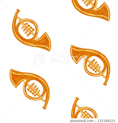 Brass horns in warm golden tones. Watercolor seamless pattern. Hand-painted musical design on white, perfect for festive wrapping paper, Christmas crafts, textiles, invitations, and creative projects Brass horns in warm golden tones. Watercolor seamless pattern. Hand-painted musical design on white, perfect for festive wrapping paper, Christmas crafts, textiles, invitations, and creative projects 133199223