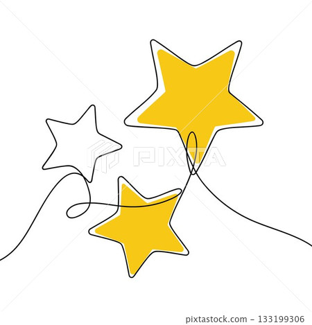 Continuous line drawing of yellow stars. Minimalist black linear sketch isolated on white background. Hand drawn vector illustration. 133199306