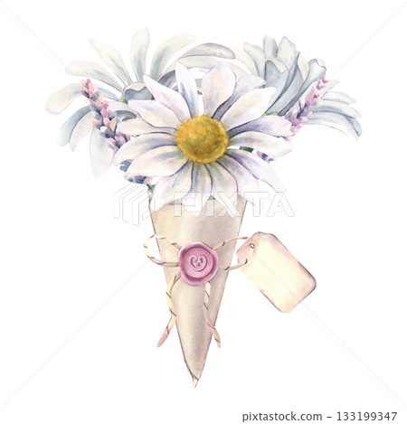 White chrysanthemums, lavender, bouquet with empty label in craft cone. Hand-painted watercolor illustration isolated on white for floral design, wedding invitation, packaging, card, botanical project 133199347