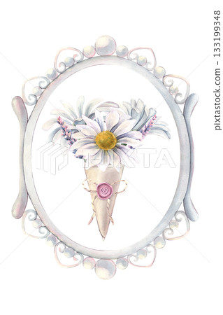 Vintage oval pearl frame, white chrysanthemums, lavender bouquet. Hand-painted watercolor illustration isolated on white for floral design, wedding invitation, cards, wall art, design projects, poster Vintage oval pearl frame, white chrysanthemums, lavender bouquet. Hand-painted watercolor illustration isolated on white for floral design, wedding invitation, cards, wall art, design projects, poster 133199348
