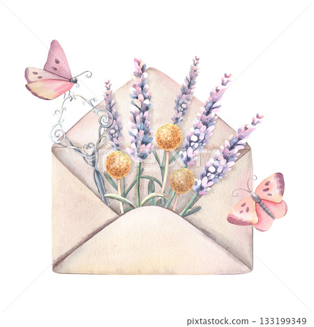 Open envelope, lavender, craspedia, vintage key, butterflies. Hand-painted watercolor illustration isolated on white for printing, greeting card, wedding invitation, love letters, scrapbooking, design 133199349