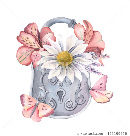 Metal padlock with lavender, chrysanthemum, alstroemeria. Hand-painted watercolor illustration isolated on white for invitations, logos, cards, prints, decor, wedding invitation, scrapbooking, design 133199356