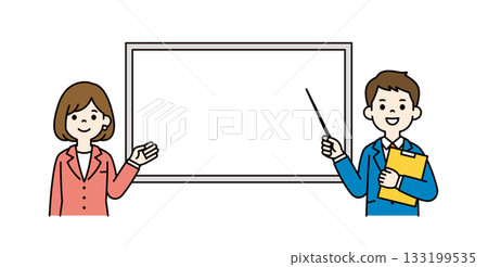 Whiteboard and businessman explaining with a pointer, upper body vector illustration material_color 133199535