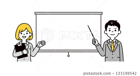 Vector illustration of a young man and woman in a suit explaining with a screen and a pointer 133199542
