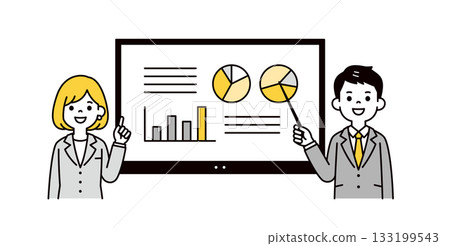 數位白板和上半身向量圖，描繪了男女商務人士進行演示的場景。 133199543