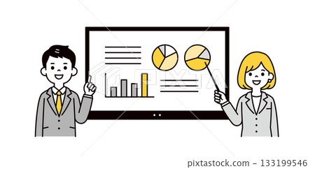Online whiteboard and upper body vector illustration of male and female businessmen giving presentations 133199546