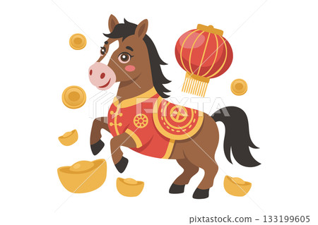 Cute chinese zodiac horse in festive vector style, holding red lantern and adorned with gold elements for lunar new year celebration 133199605