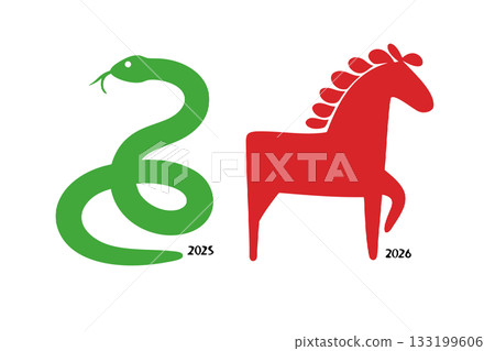 Minimalist vector illustration of the chinese zodiac, showcasing the serpent for 2025 and the horse for 2026, isolated for horoscope and calendar designs 133199606