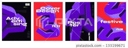Modern and Trendy Poster Set with 3D Bold and Vibrant Abstract Shapes. Creative Cover, Poster or Banner Template Design for Branding, Advertising, and Social Media Promotion 133199671