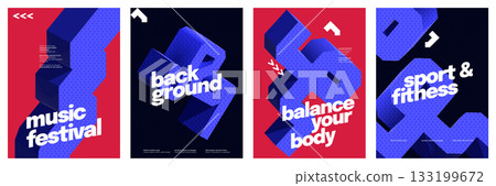 Modern and Abstract Poster Set with 3D Bold Geometric Shapes. Minimalist Cover, Flyer or Poster Template for Sport, Festival, Music or Other Event Modern and Abstract Poster Set with 3D Bold Geometric Shapes. Minimalist Cover, Flyer or Poster Template for Sport, Festival, Music or Other Event 133199672