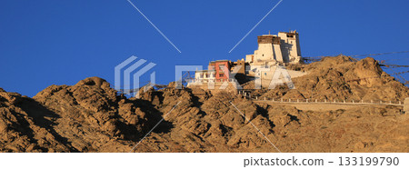 Blue sky over Tsemo Monastery and Castle, Leh, India. 133199790