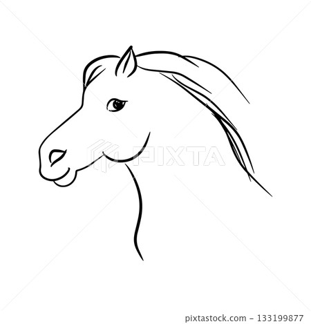 Charming horse head illustration with a cheerful expression and flowing mane. This vector sketch is ideal for celebrating the Year of the Horse in a fun and artistic way. Great for zodiac, holiday, or 133199877