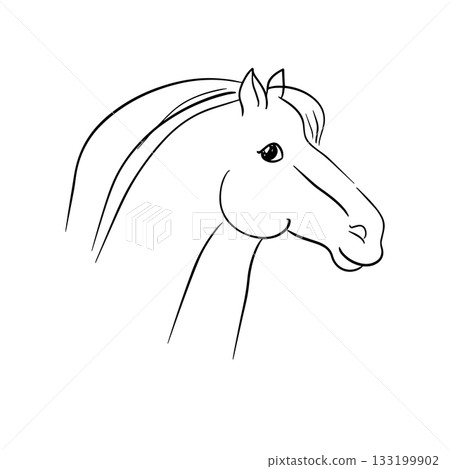 Adorable horse head illustration with a playful expression and flowing mane. This vector line art is simple, charming, and full of character. Ideal for children themes, prints, and animal designs Adorable horse head illustration with a playful expression and flowing mane. This vector line art is simple, charming, and full of character. Ideal for children themes, prints, and animal designs 133199902